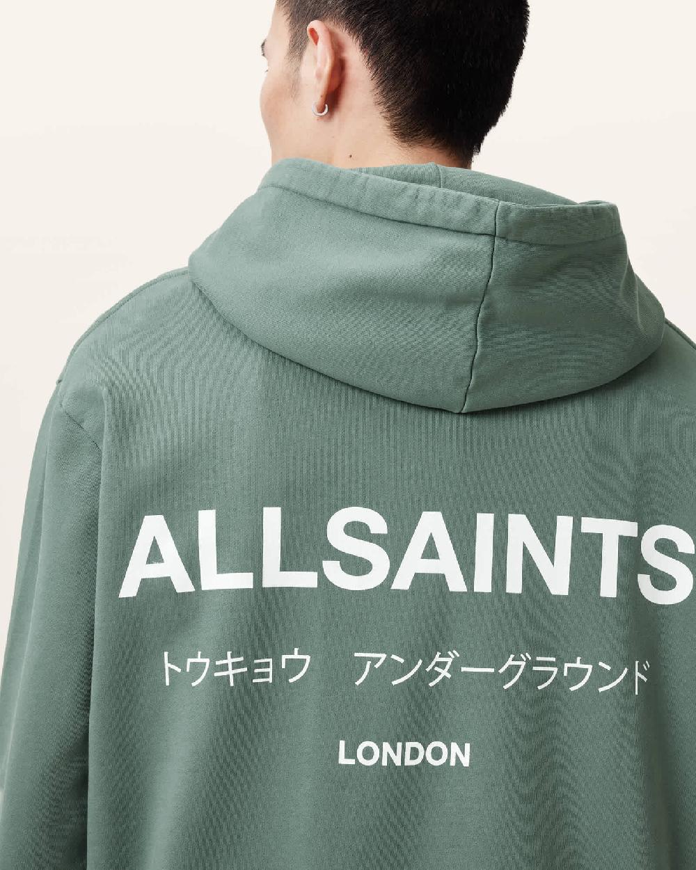 All Saints Underground Pullover Logo Hoodie Smokey Green