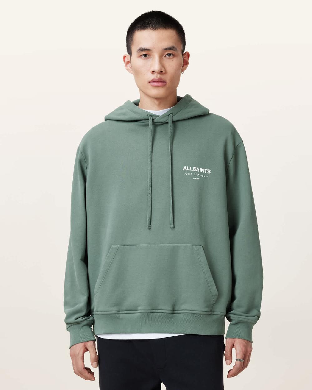 All Saints Underground Pullover Logo Hoodie Smokey Green