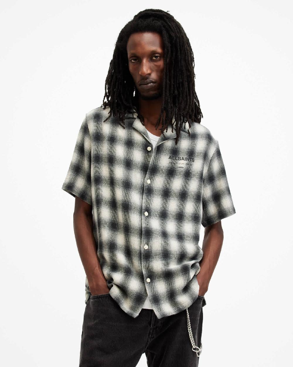 All Saints Underground Relaxed Check Logo Shirt Off White