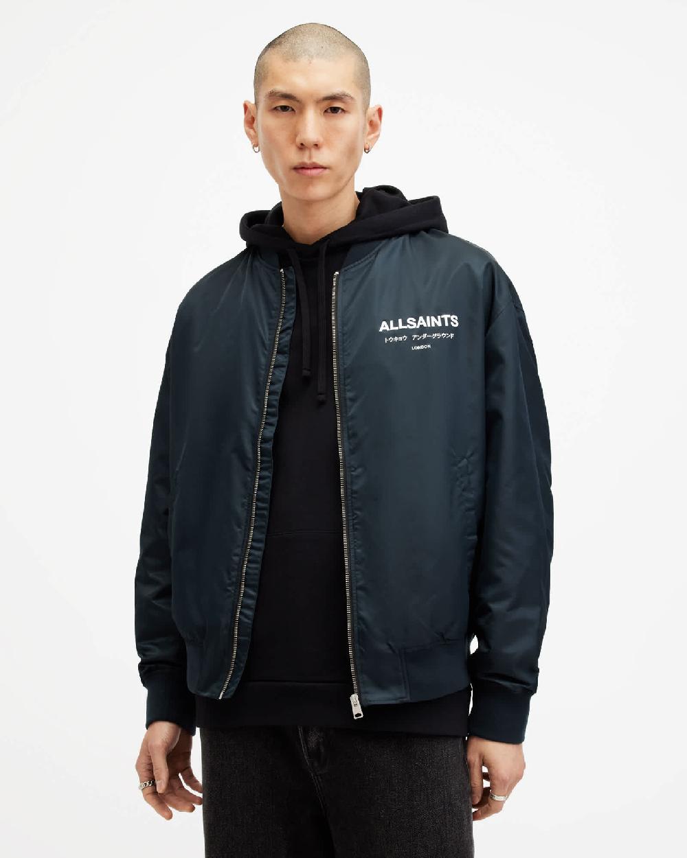 All Saints Underground Relaxed Fit Bomber Jacket Petrol Blue