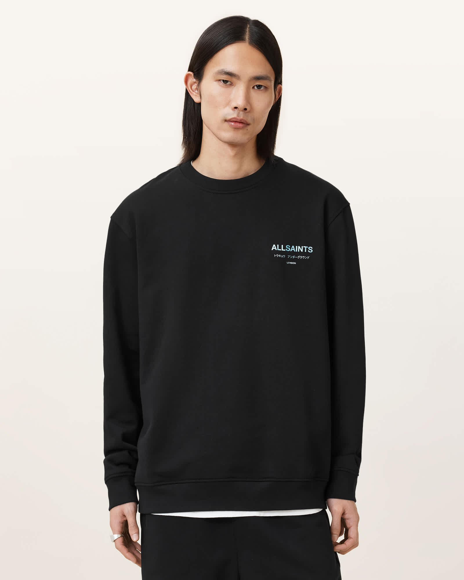 All Saints Underground Relaxed Fit Crew Neck Sweatshirt JET BLACK/BLUE