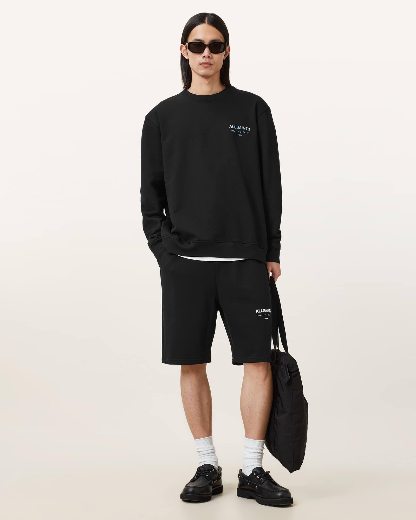 All Saints Underground Relaxed Fit Crew Neck Sweatshirt JET BLACK/BLUE