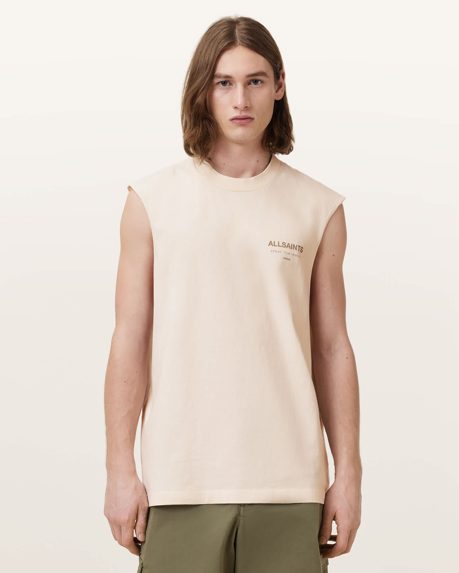 All Saints Underground Sleeveless Crew Neck T-Shirt Sandy White