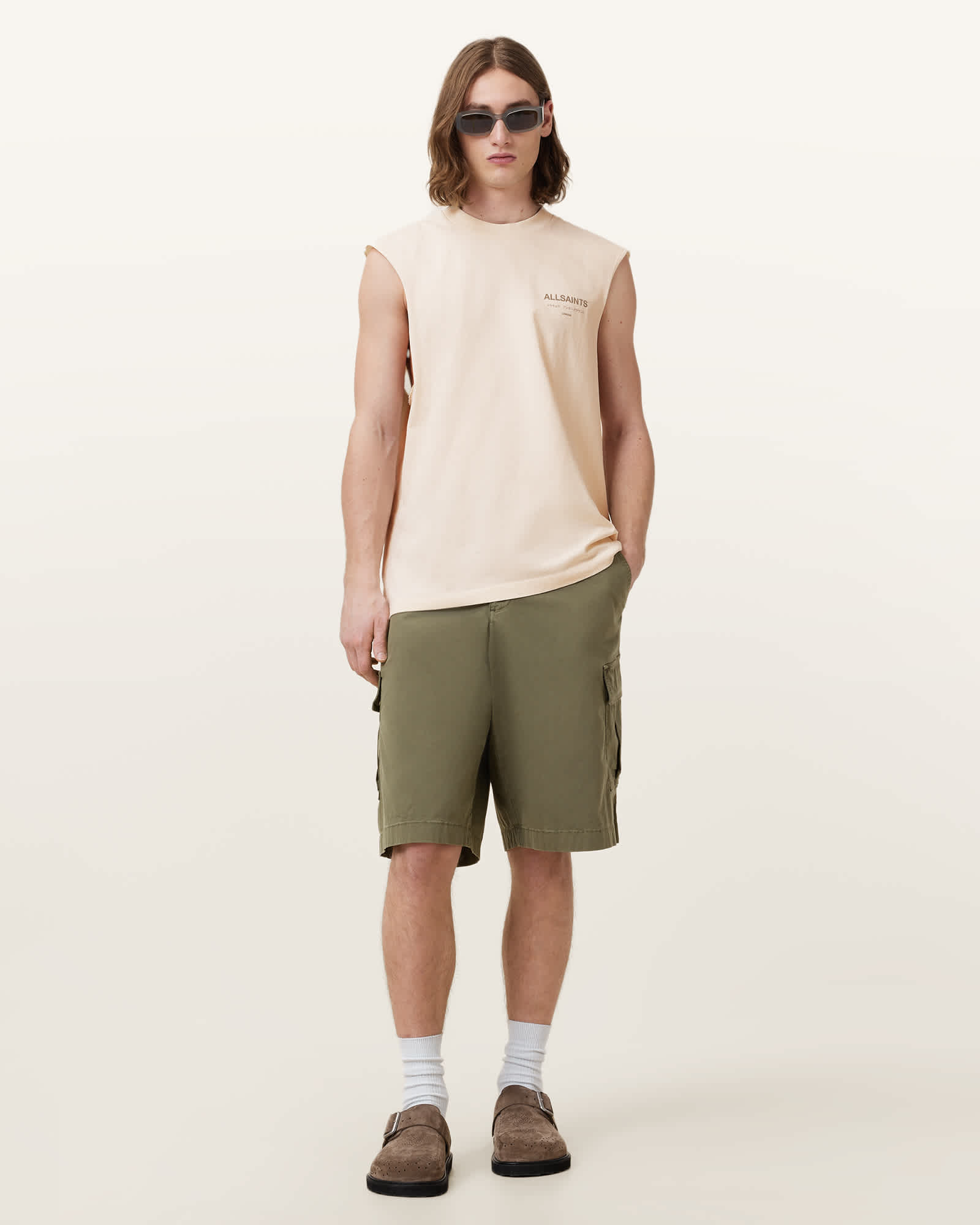 All Saints Underground Sleeveless Crew Neck T-Shirt Sandy White