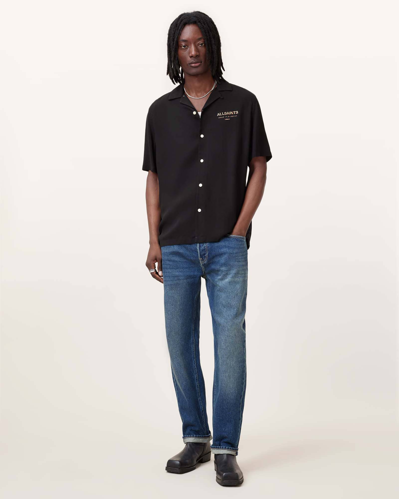 All Saints Underground Snake Print Logo Shirt Jet Black