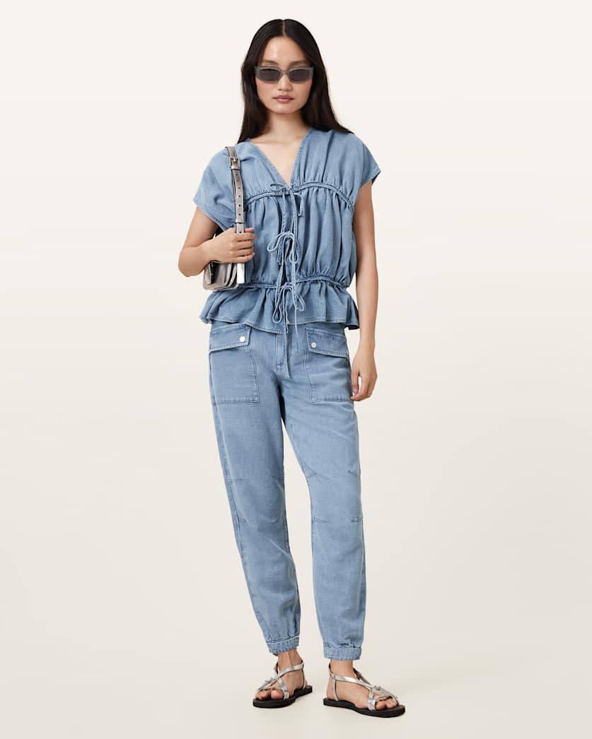 all saints Val High-Rise Cargo Linen Blend Pants Light Blue