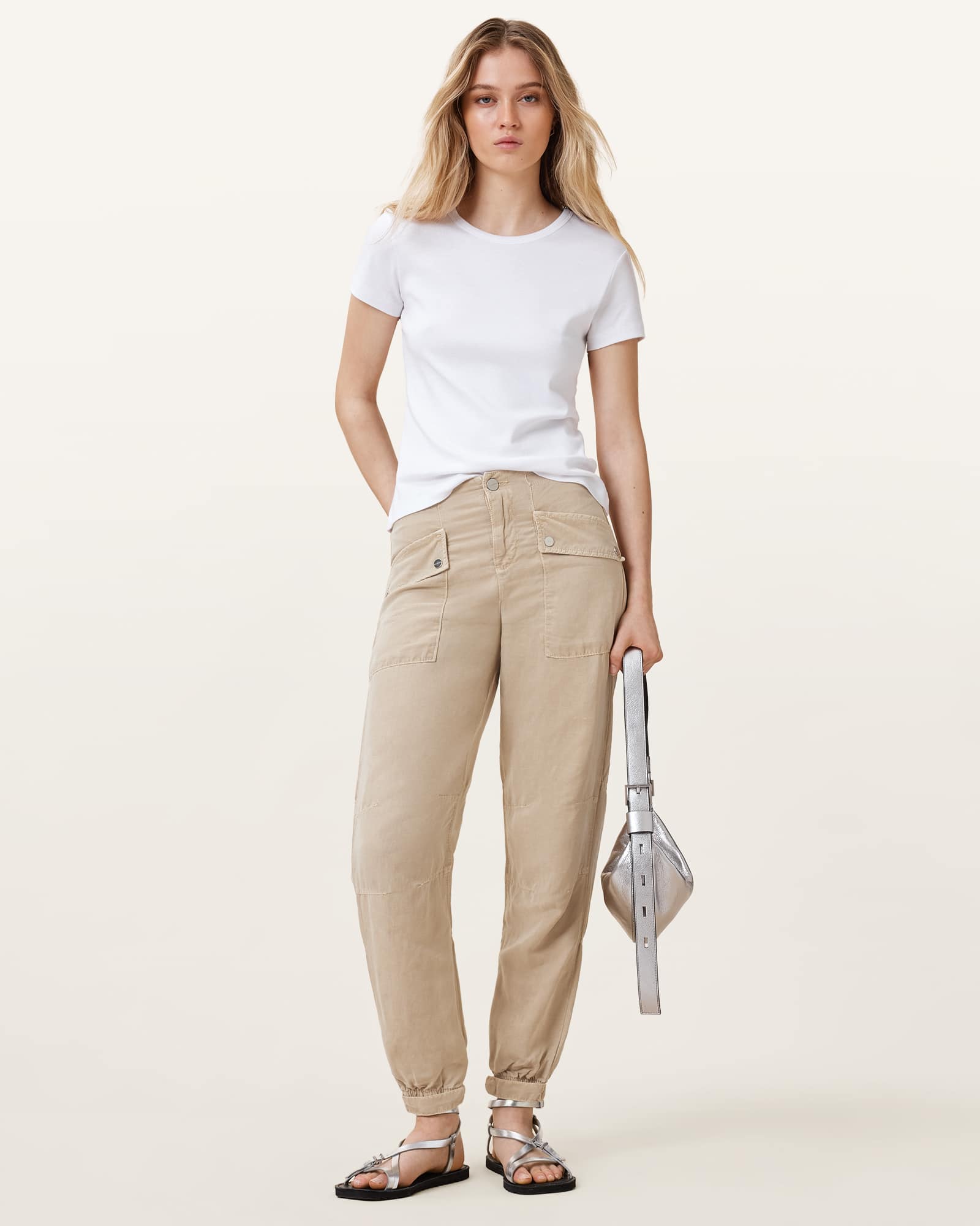 All Saints Val High-Rise Cargo Linen Blend Pants Sand Brown