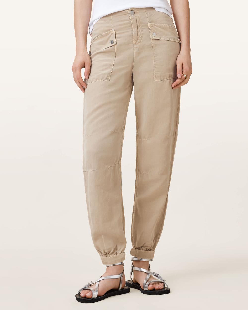 All Saints Val High-Rise Cargo Linen Blend Pants Sand Brown