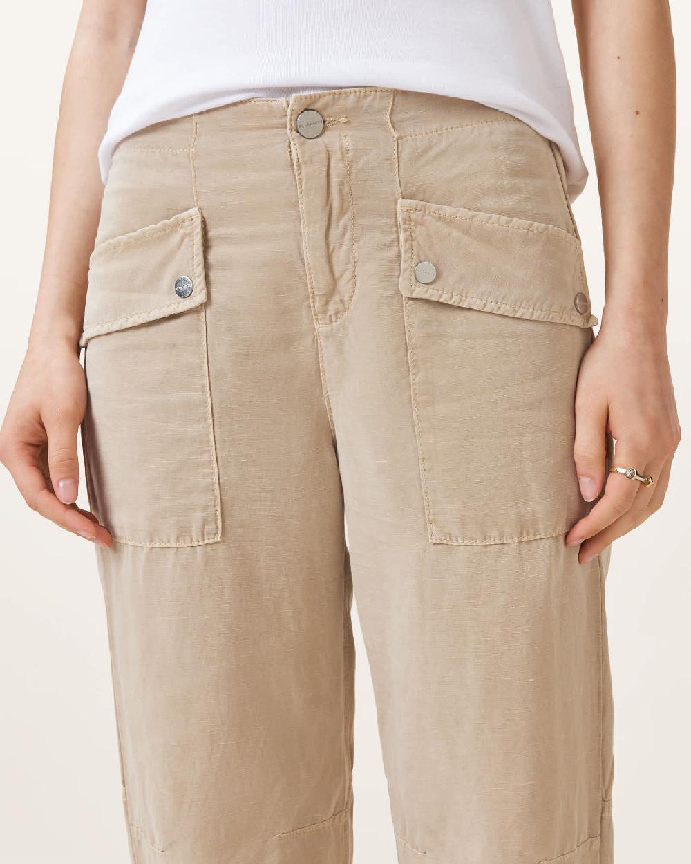 All Saints Val High-Rise Cargo Linen Blend Pants Sand Brown
