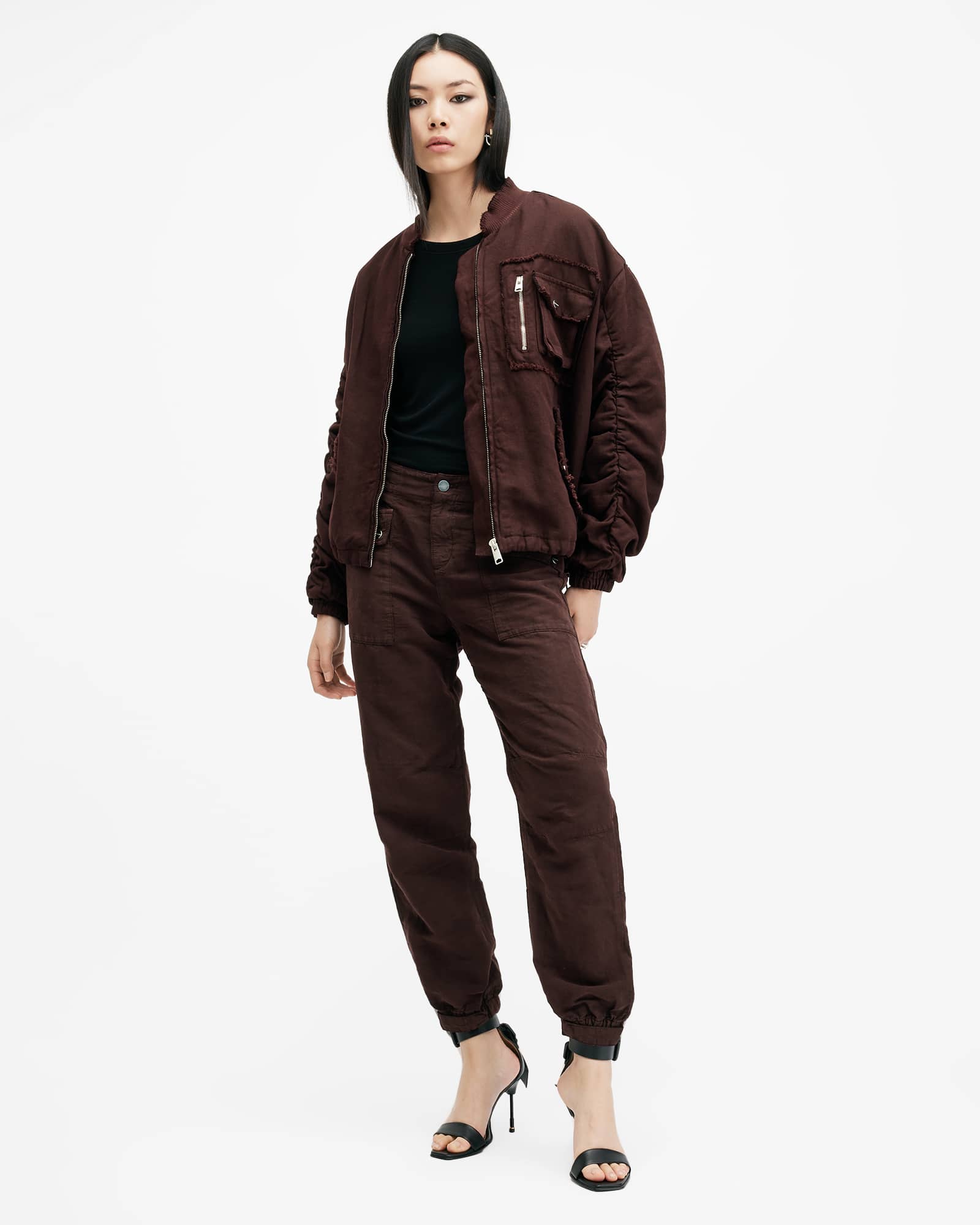 All Saints Val Linen Blend Cargo Pants Dark Wine Red