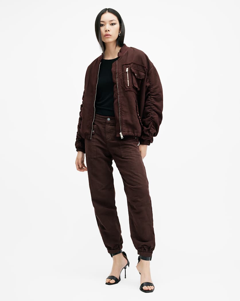 all saints Val Linen Blend Cargo Pants Dark Wine Red