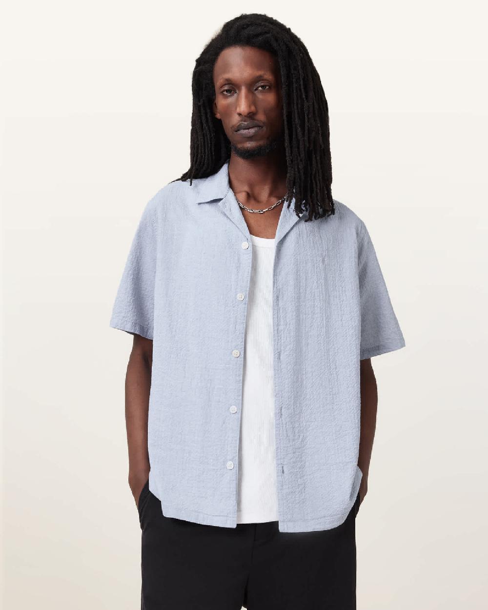 All Saints Valmer Relaxed Fit Ramskull Shirt Blueberry Blue