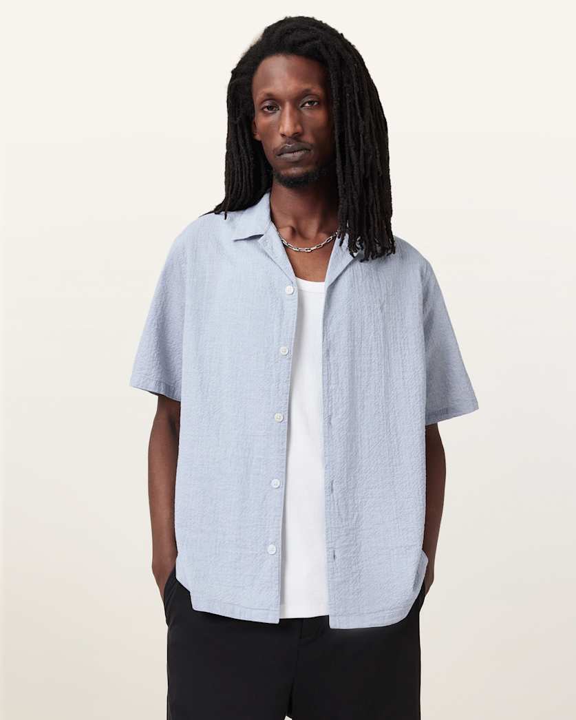 all saints Valmer Relaxed Fit Ramskull Shirt Blueberry Blue