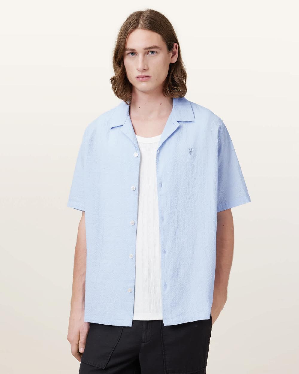 All Saints Valmer Relaxed Fit Ramskull Shirt Shore Blue