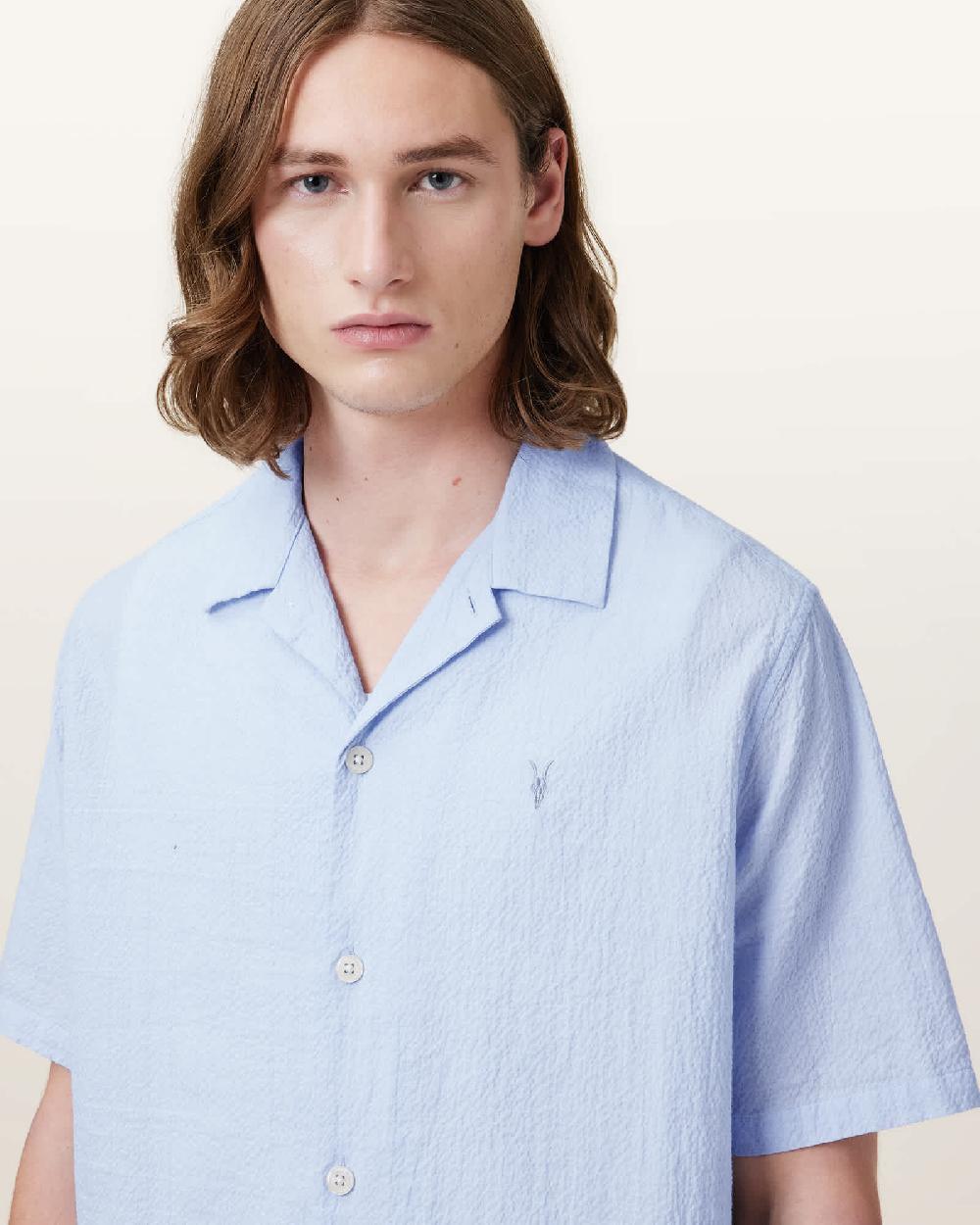 All Saints Valmer Relaxed Fit Ramskull Shirt Shore Blue