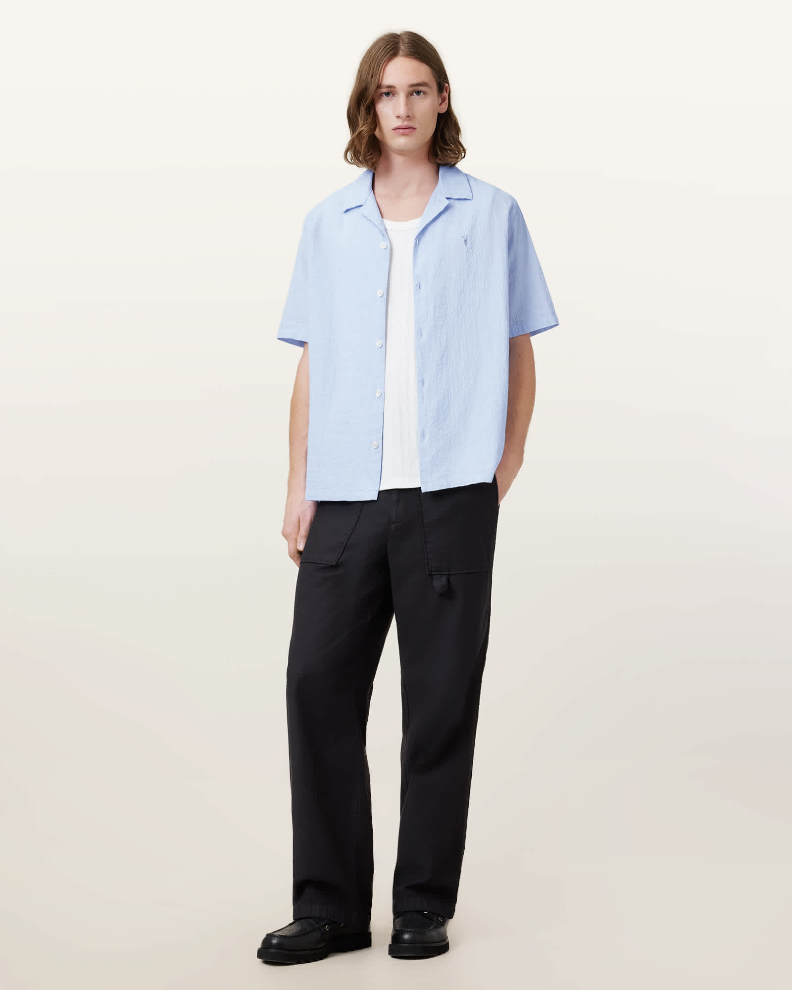 All Saints Valmer Relaxed Fit Ramskull Shirt Shore Blue