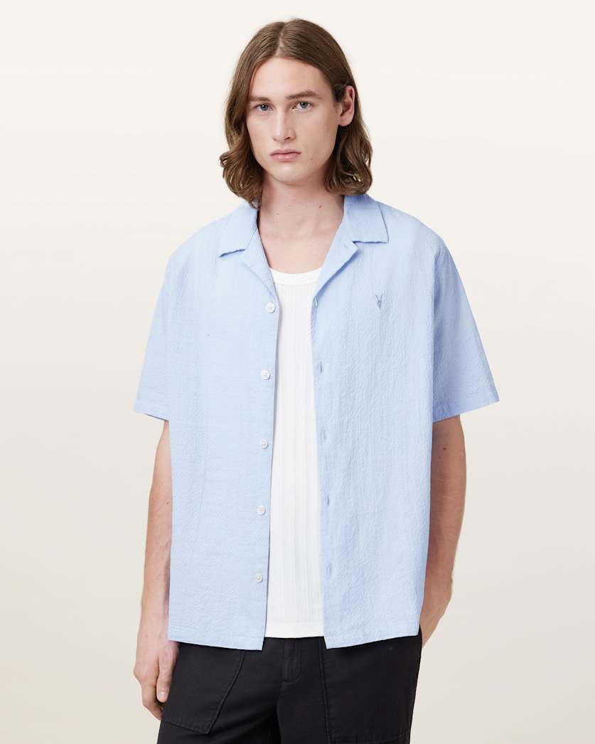 all saints Valmer Relaxed Fit Ramskull Shirt Shore Blue
