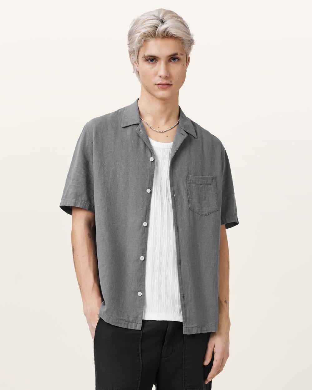 All Saints Veda Short Sleeve Relaxed Fit Shirt Pillar Grey