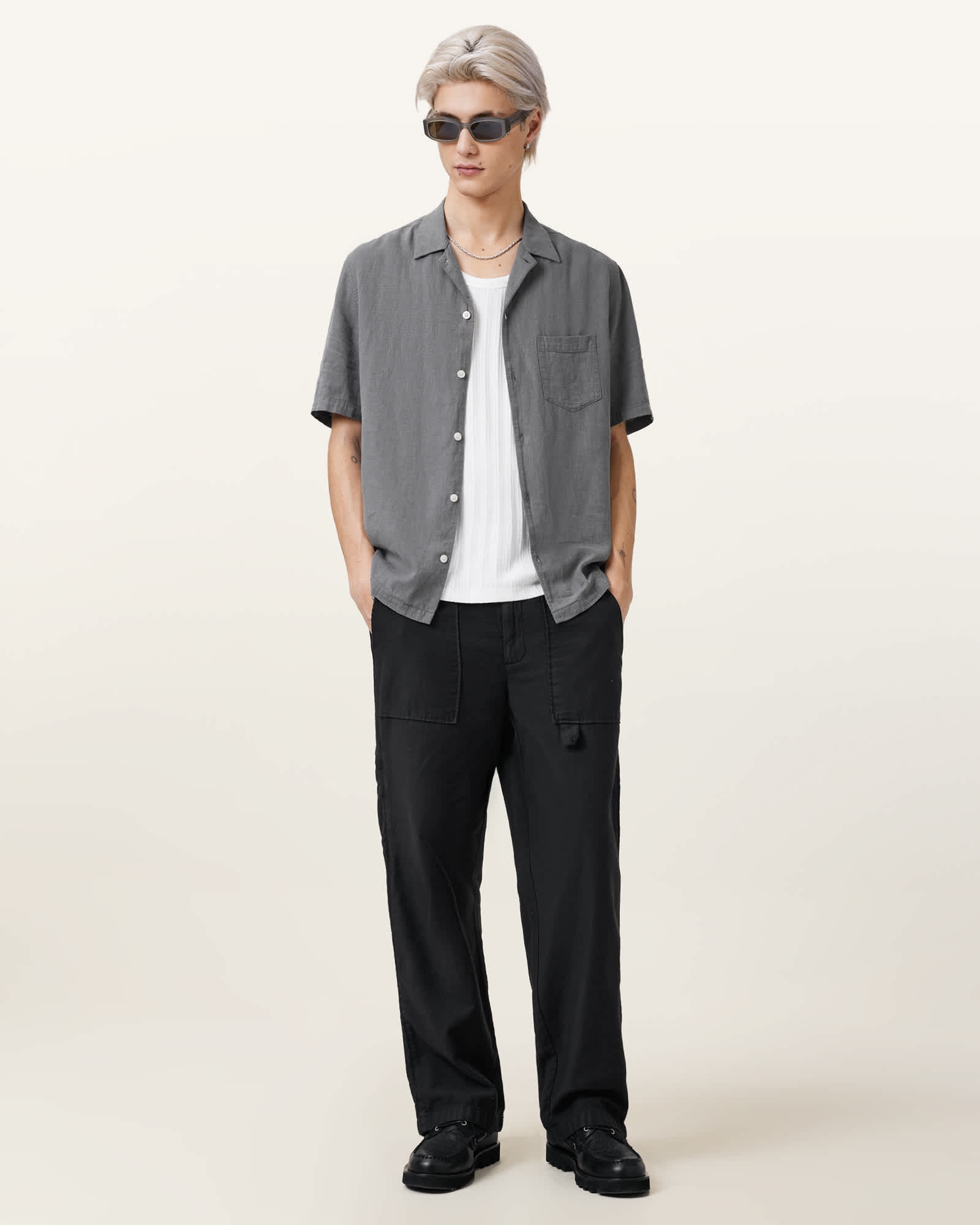 All Saints Veda Short Sleeve Relaxed Fit Shirt Pillar Grey