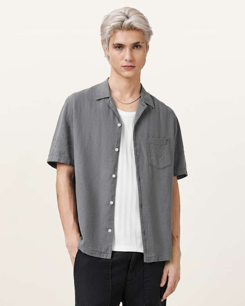 all saints Veda Short Sleeve Relaxed Fit Shirt Pillar Grey