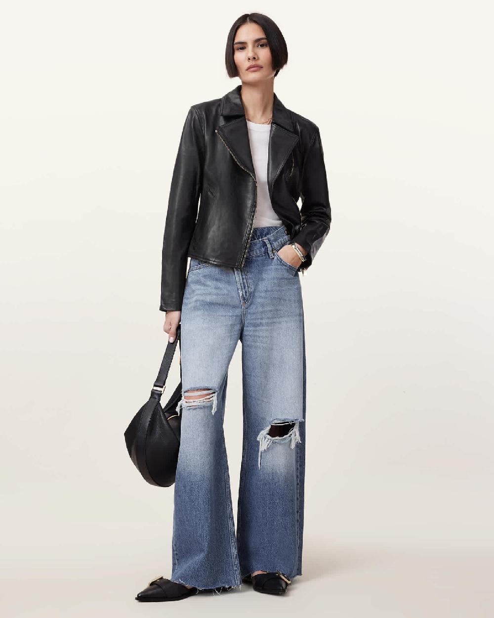 All Saints Vela Slim Fit Leather Biker Jacket BLACK/GOLD