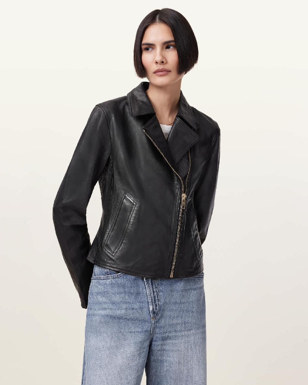 All Saints Vela Slim Fit Leather Biker Jacket BLACK/GOLD