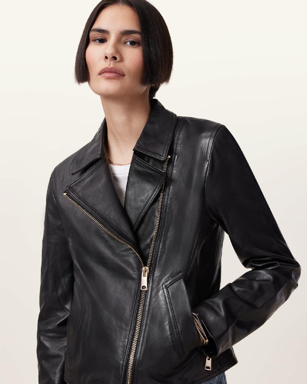 All Saints Vela Slim Fit Leather Biker Jacket BLACK/GOLD