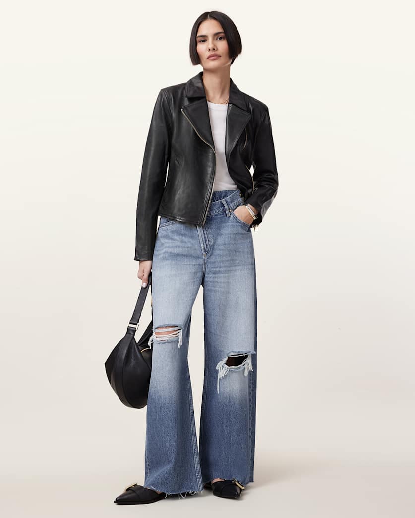 all saints Vela Slim Fit Leather Biker Jacket BLACK/GOLD