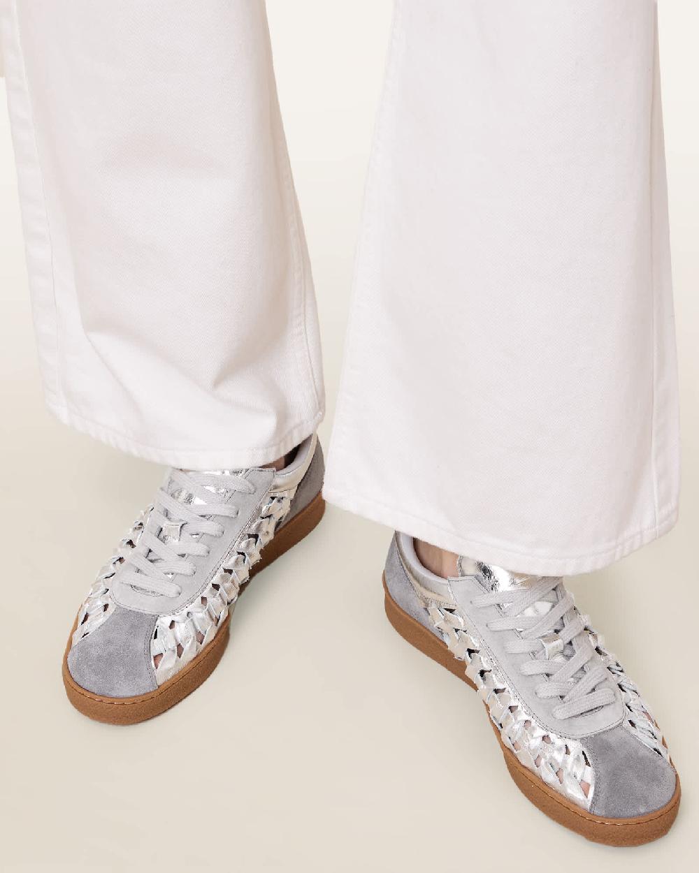 All Saints Velma Low Top Round Toe Woven Leather Sneakers SILVER/GREY