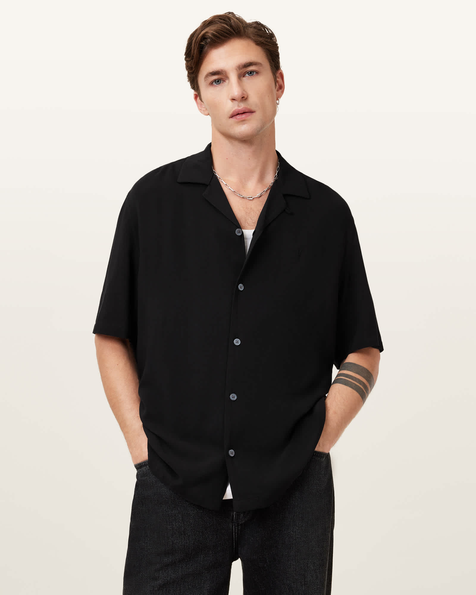 All Saints Venice Revere Collar Ramskull Shirt Black