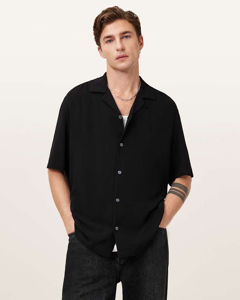 all saints Venice Revere Collar Ramskull Shirt Black