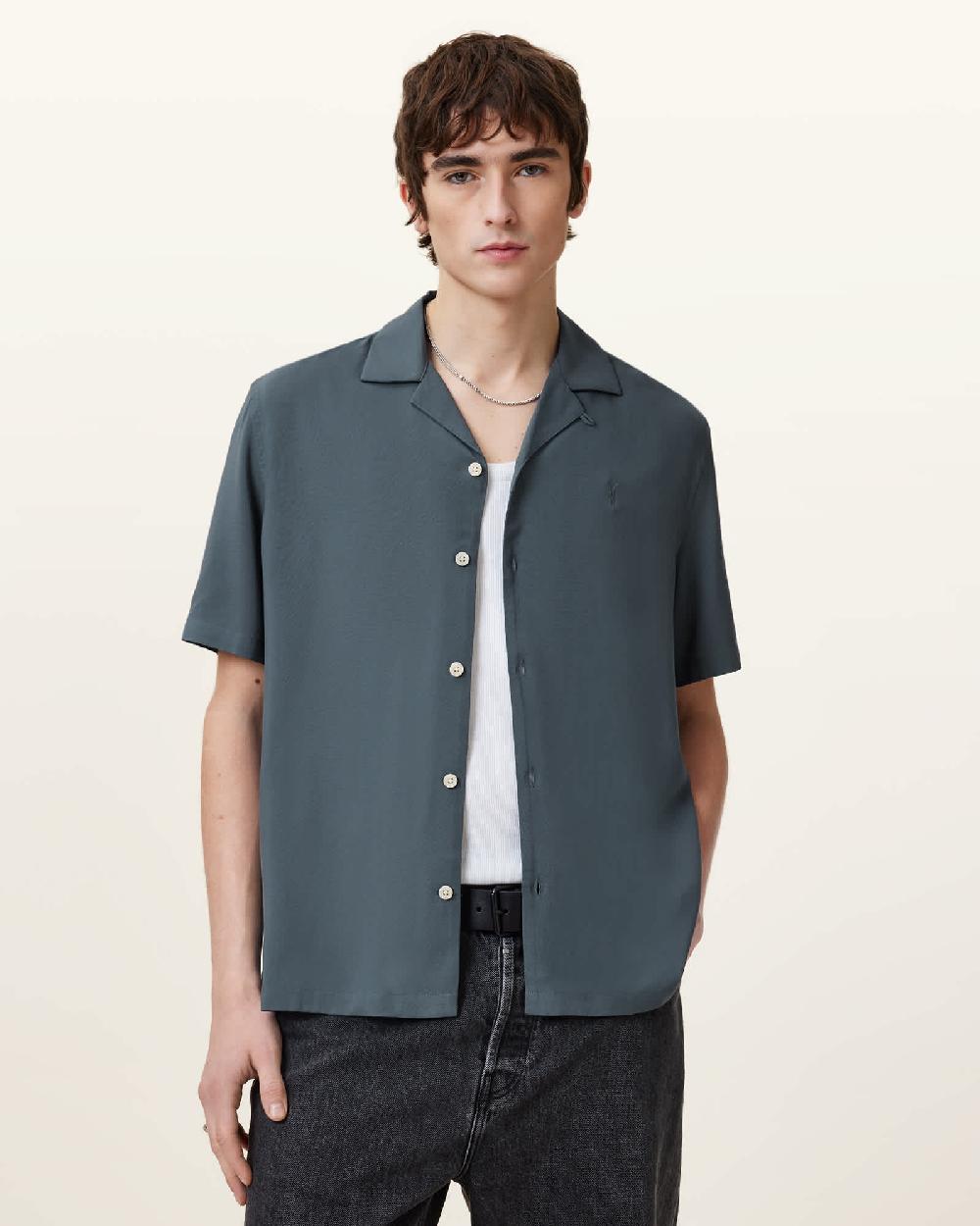 All Saints Venice Revere Collar Ramskull Shirt RAIN GREY