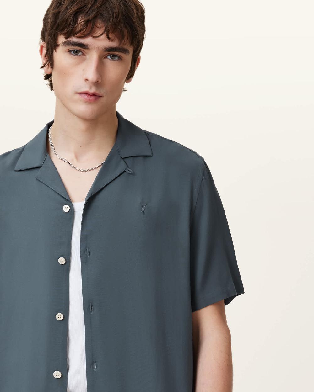 All Saints Venice Revere Collar Ramskull Shirt RAIN GREY