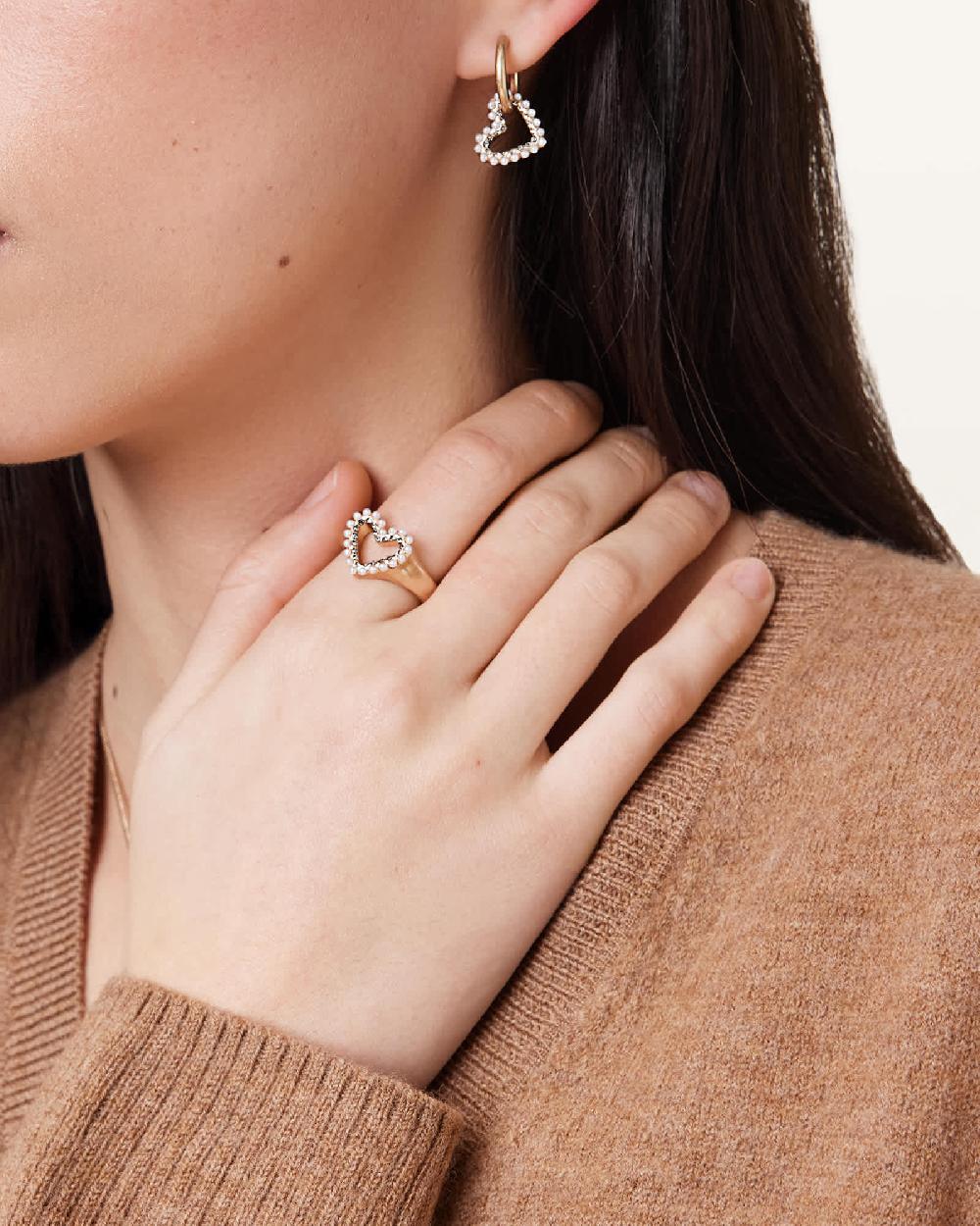 All Saints Vida Heart Bead Embellished Signet Ring WARM BRASS/WHITE