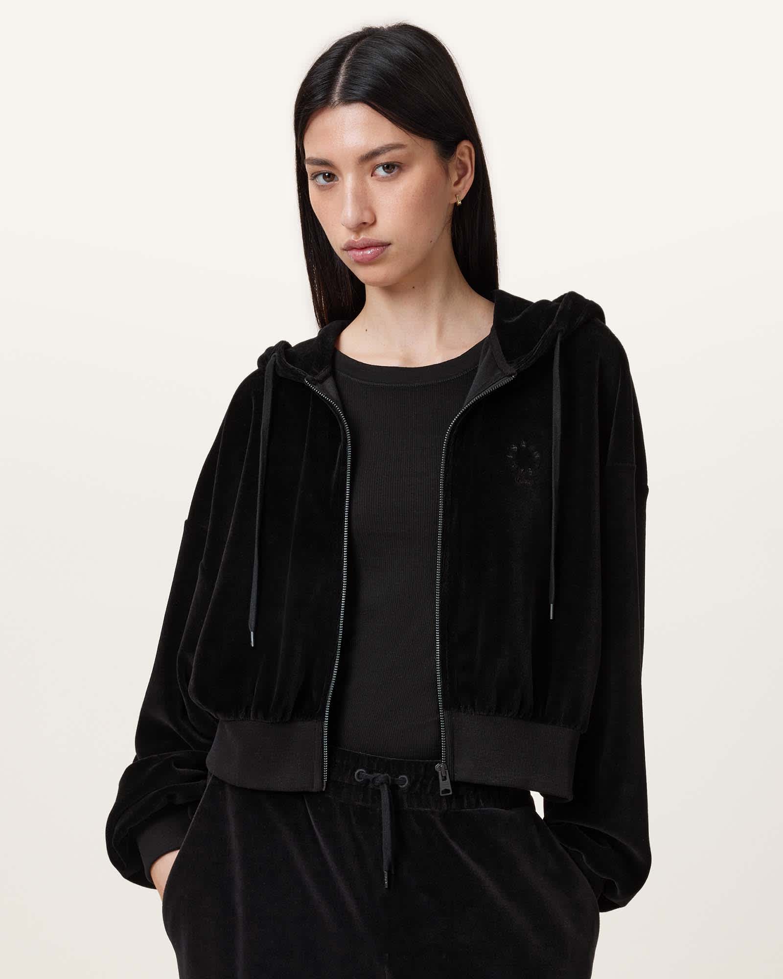 All Saints Vinny Relaxed Fit Zip Up Velvet Hoodie Black