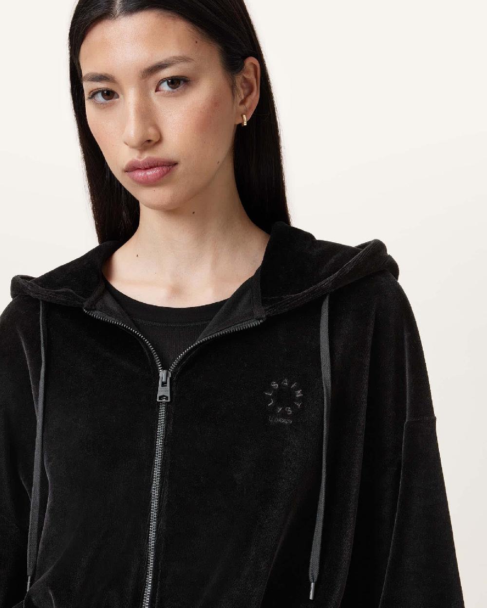 All Saints Vinny Relaxed Fit Zip Up Velvet Hoodie Black