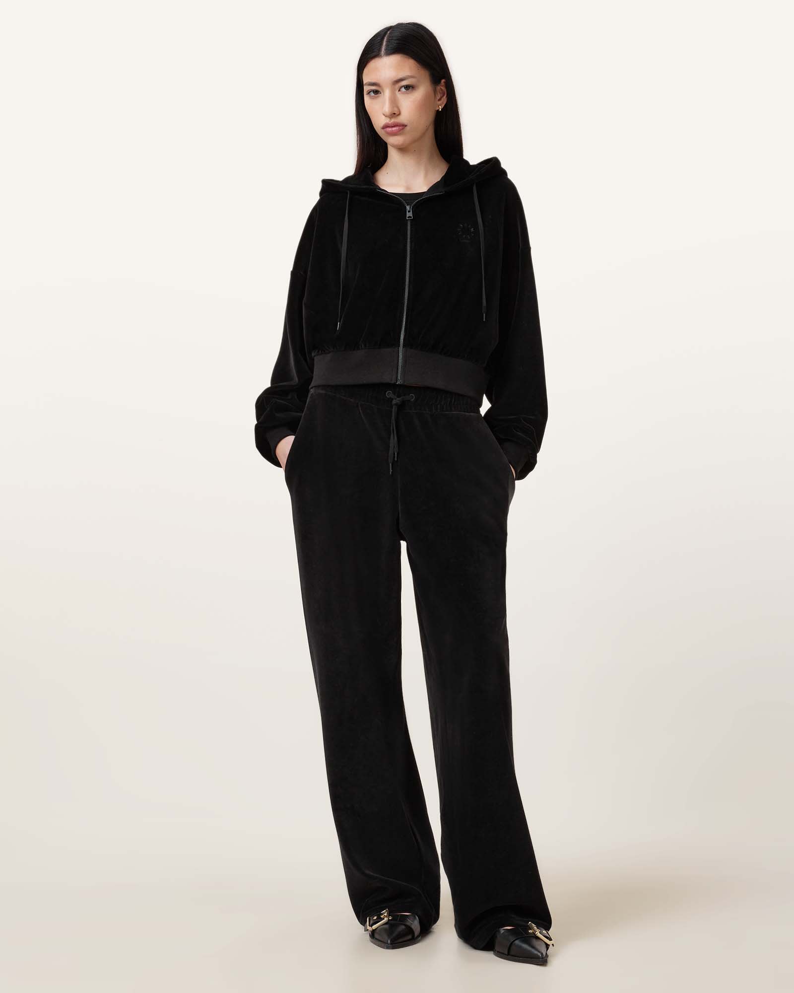 All Saints Vinny Relaxed Fit Zip Up Velvet Hoodie Black