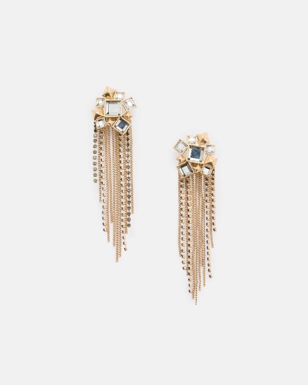 All Saints Viola Statement Chain Fringed Earrings Warm Brass