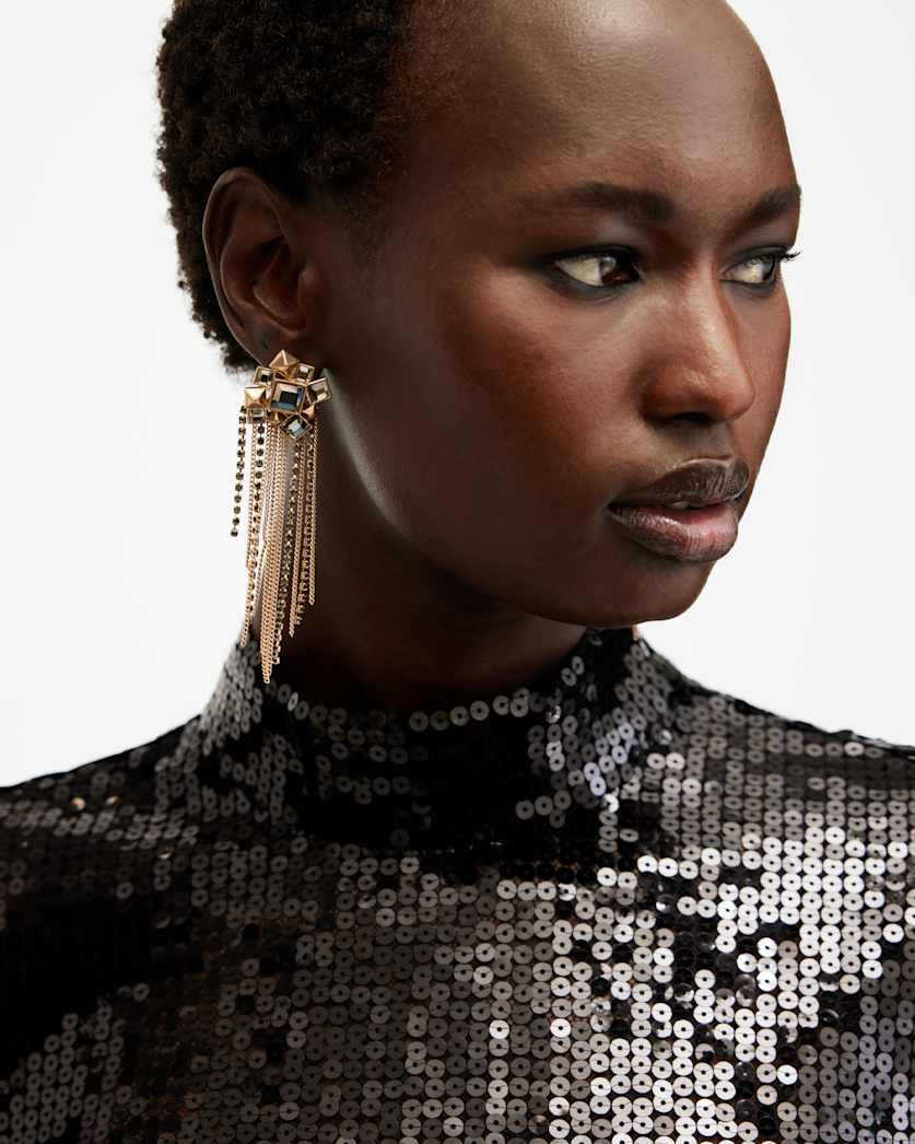 all saints Viola Statement Chain Fringed Earrings Warm Brass