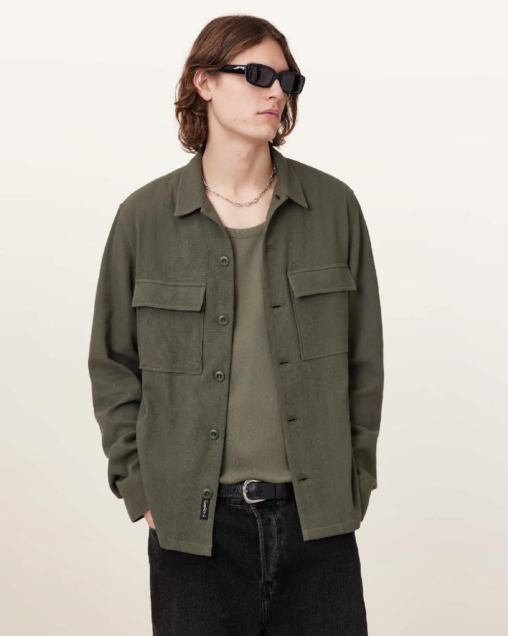 All Saints Viscar Long Sleeve Overshirt Khaki Green