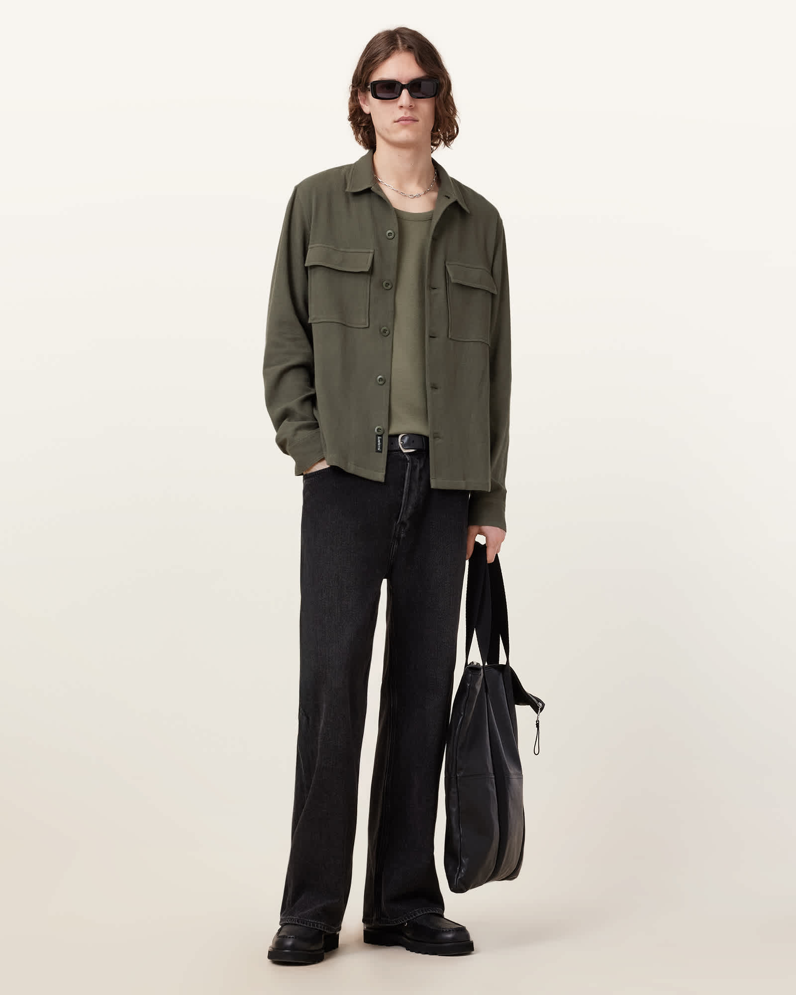 All Saints Viscar Long Sleeve Overshirt Khaki Green