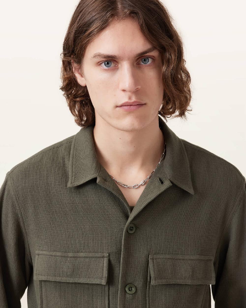 All Saints Viscar Long Sleeve Overshirt Khaki Green