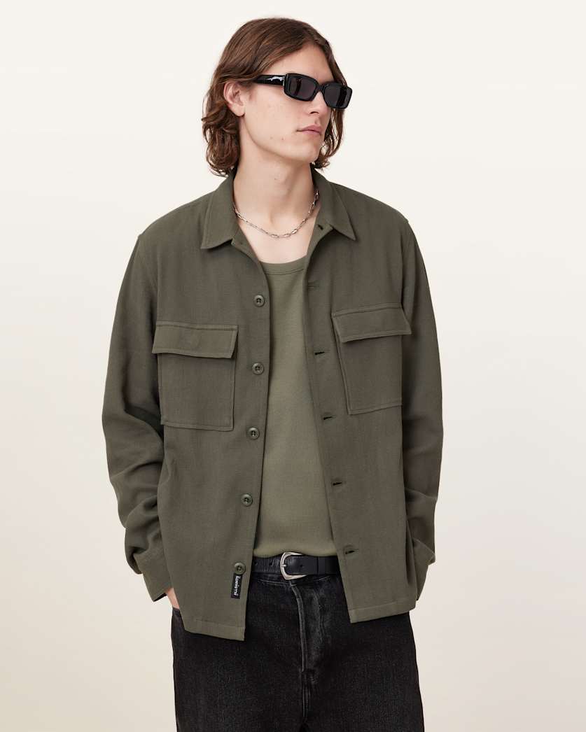 all saints Viscar Long Sleeve Overshirt Khaki Green