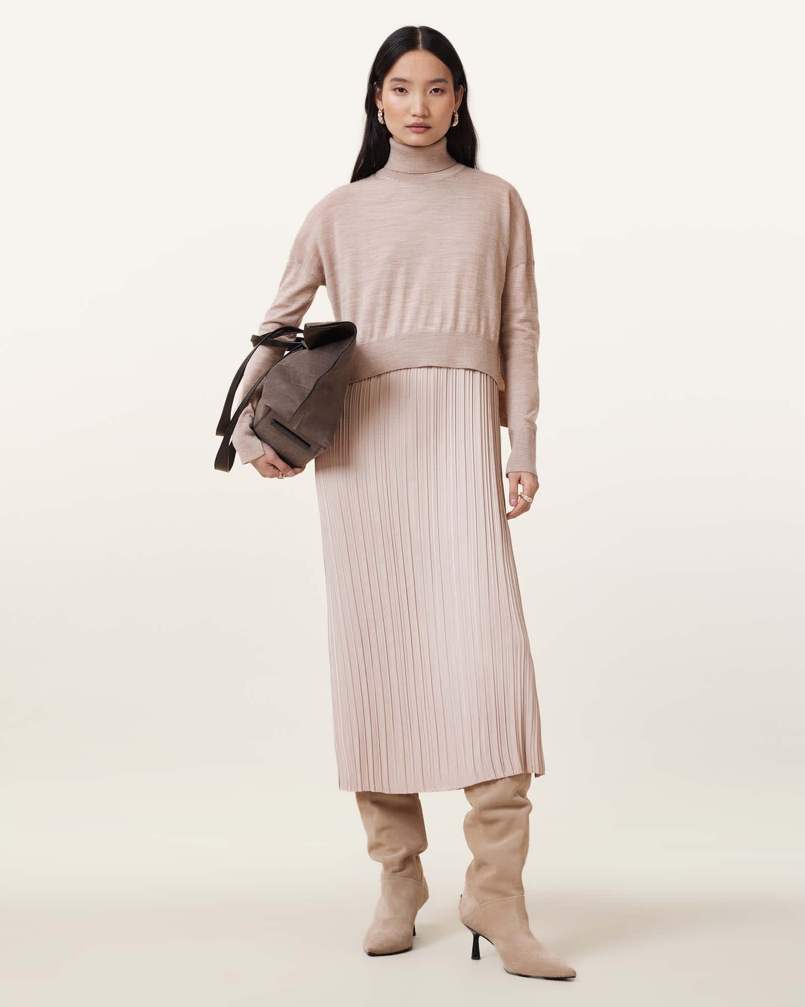 All Saints Vittoria 2-In-1 Pleated Midi Dress Fawn Brown