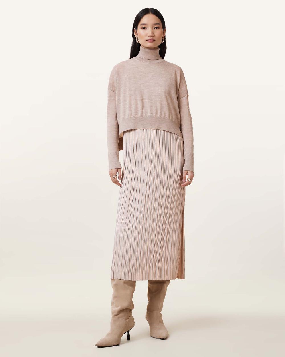All Saints Vittoria 2-In-1 Pleated Midi Dress Fawn Brown