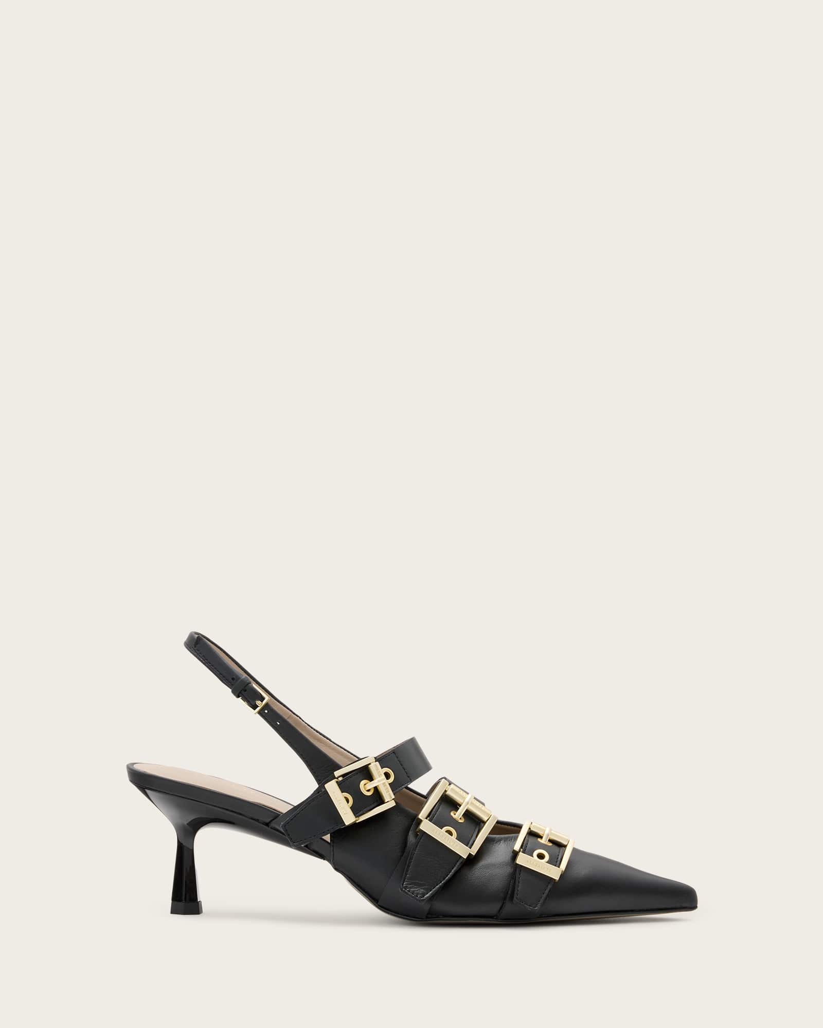 All Saints Vivian Leather Buckle Slingback Heels Black