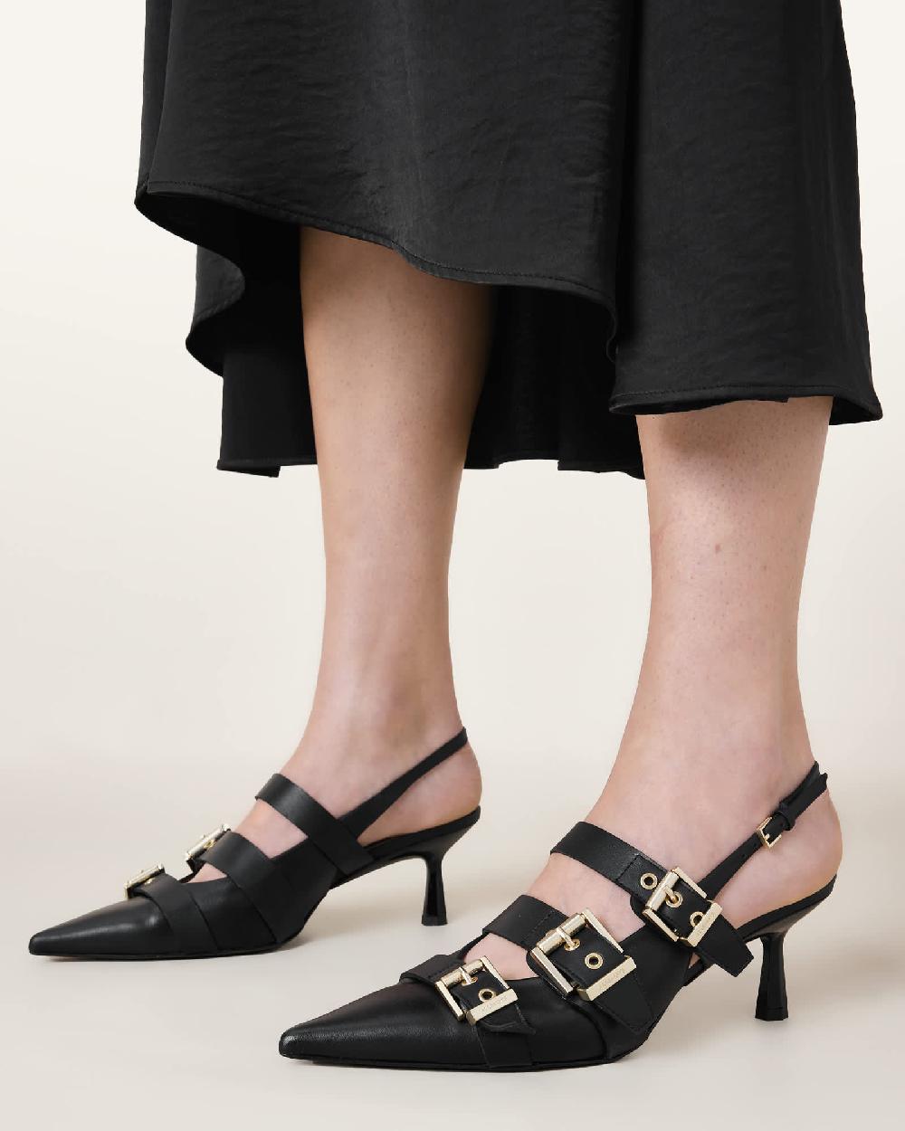 All Saints Vivian Leather Buckle Slingback Heels Black