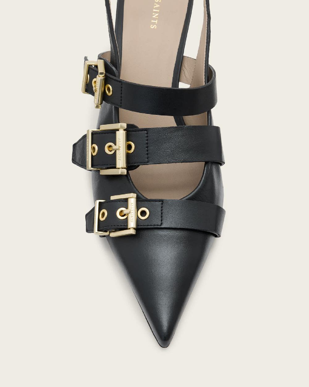 All Saints Vivian Leather Buckle Slingback Heels Black