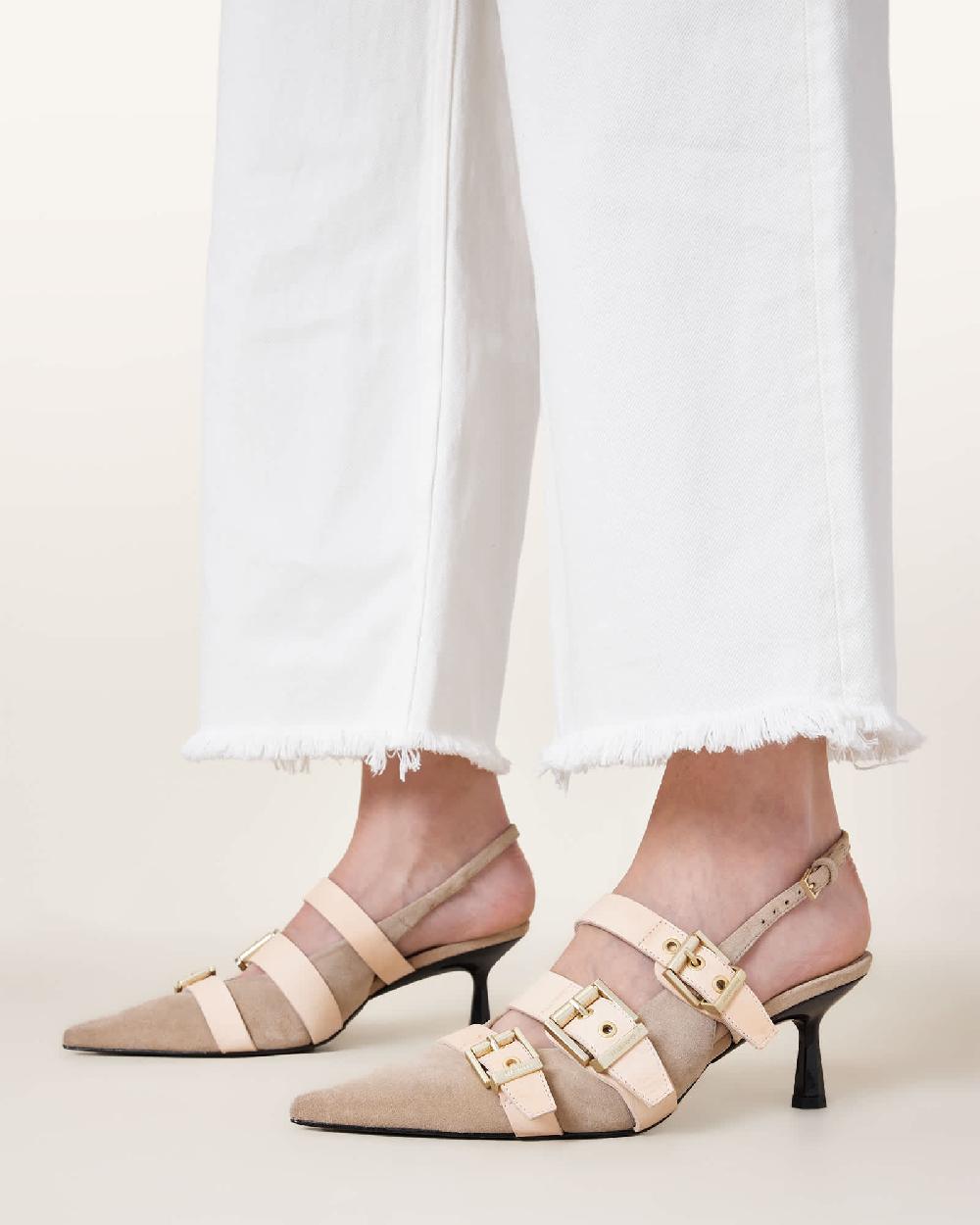 All Saints Vivian Leather Buckle Slingback Heels Sand Brown