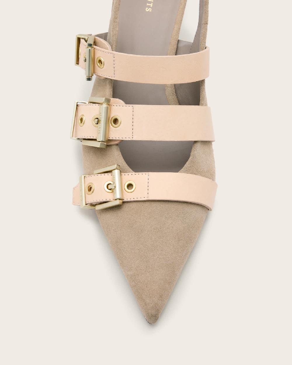 All Saints Vivian Leather Buckle Slingback Heels Sand Brown